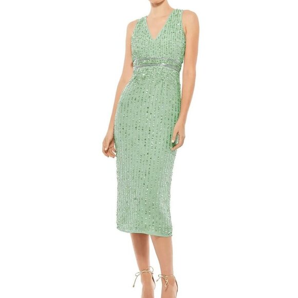 Mac Duggal Lime Green Vertical Sequin Midi Sheath Dress - Picture 1 of 3